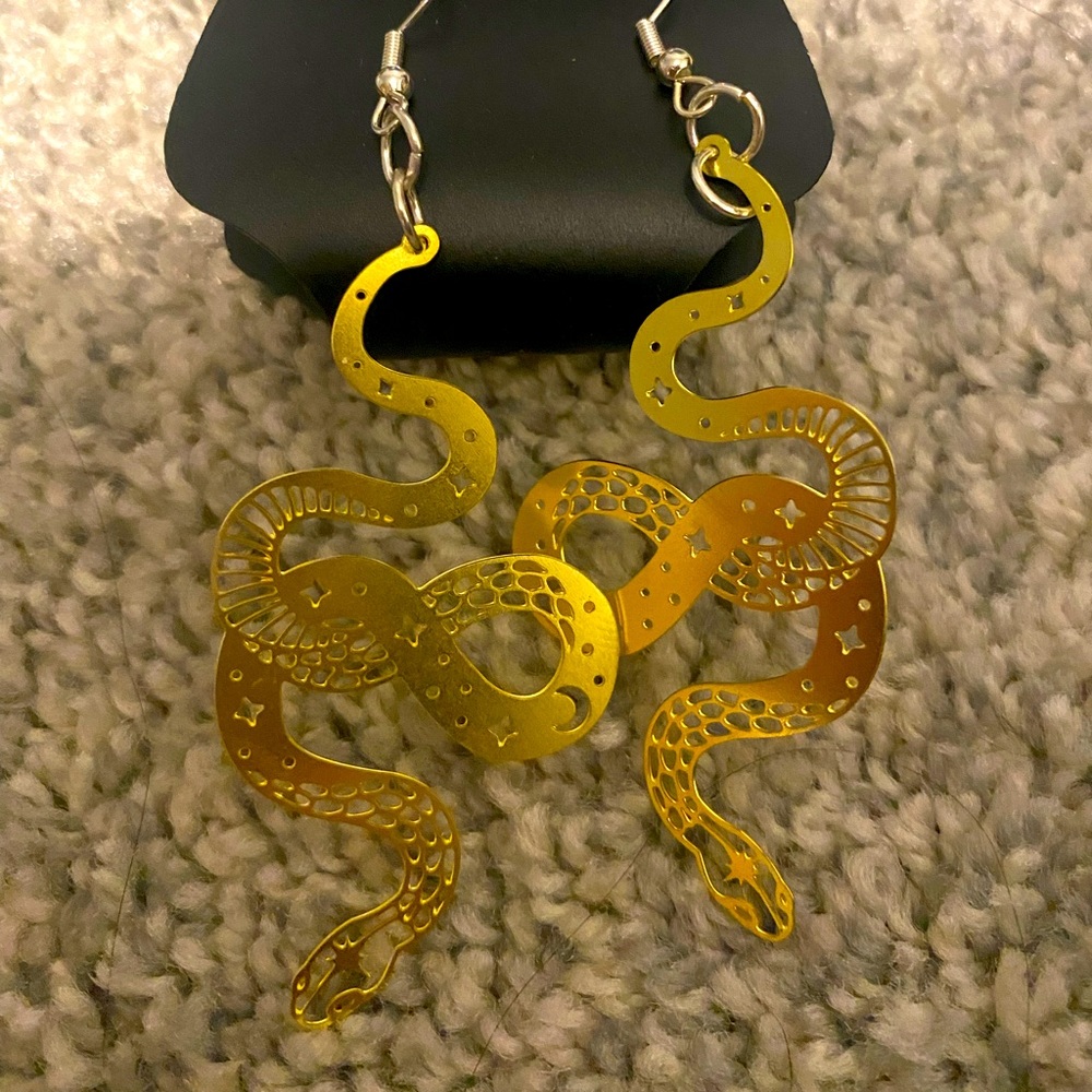 Snake Raw Brass Charm Earrings